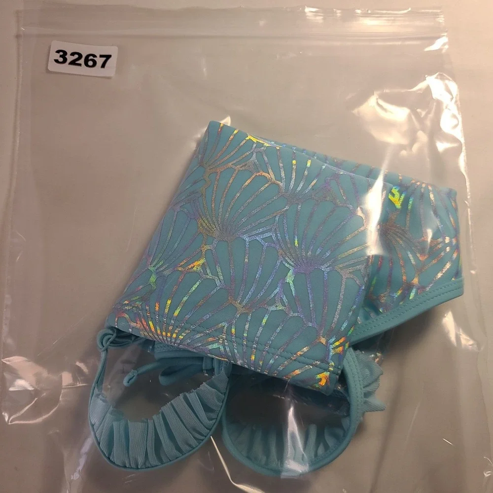 Cat & Jack Girls Aqua Blue Iridescent Seashell Ruffle Tankini Swim Top XS 4/5